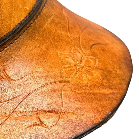 VTG Leather Hand Tooled Floral Sun Visor Brown Boho Hippie 70s Festival Western - Picture 9 of 16